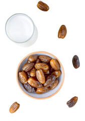 Top view set of ripe dried date palm fruits in bowl in stack and white milk in glass isolated on white background and generated with AI. Concept of iftar food in Ramadan month for Muslims
