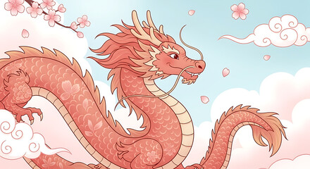 Obraz premium Illustration of a stylized pink dragon amidst fluffy clouds and cherry blossoms against a light blue sky.