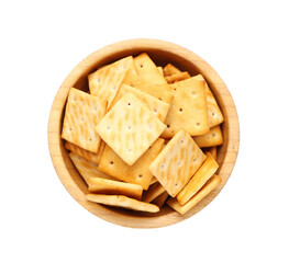 Wooden bowl with tasty crackers on white background