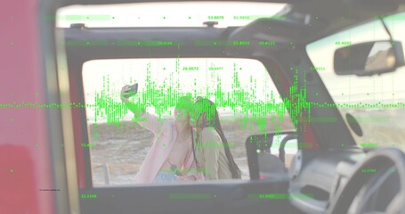 Smiling friends holding smartphone, capturing selfie from off-road door at shore with data overlay