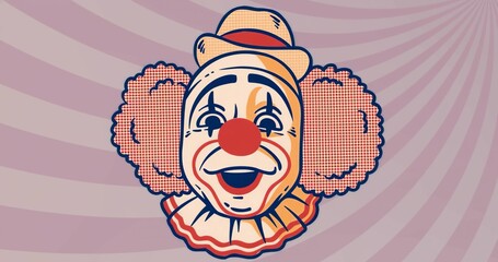 Displaying stylized clown head on graphic design background, featuring straw hat and ruffled collar