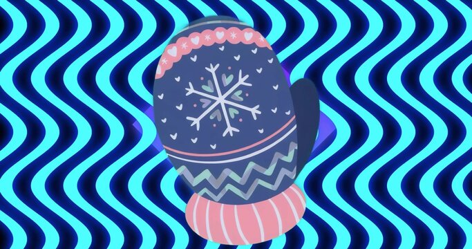 Fototapeta Gliding stylized winter mitten across neon wavy stripe backdrop, with snowflake motif