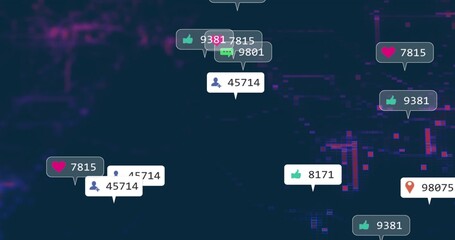 Displaying glitchy pixel grid with floating thumbs-up heart chat follower and pin icons analytics