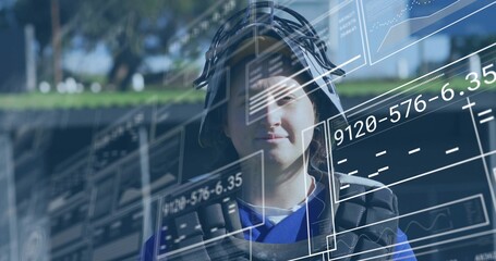 Player wearing blue jersey, catcher helmet and chest protector on ball field, showing data overlays