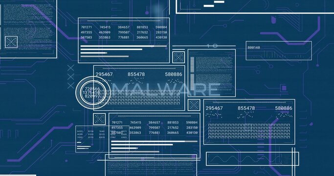 Displaying overlapping data panels on blue interface with numeric codes, charts and purple traces