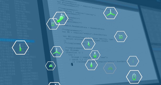 Displaying floating translucent white hexagonal frames on code editor, with green energy icons - Powered by Adobe