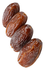Top view of ripe dried date palm fruits in stack isolated on white background and generated with AI. Concept of iftar food in Ramadan month for Muslims
