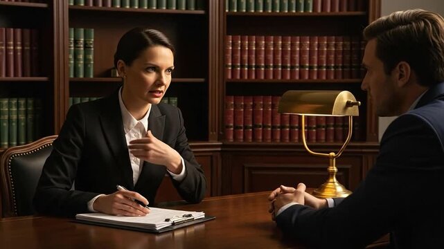 Professional legal consultation between female lawyer and male client in