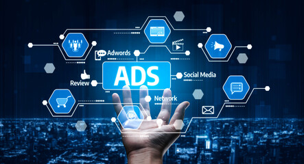 Naklejka premium Hand reaching towards digital icons representing various aspects of advertising and marketing. The scene highlights the integration of technology and online platforms for effective outreach. Tessel