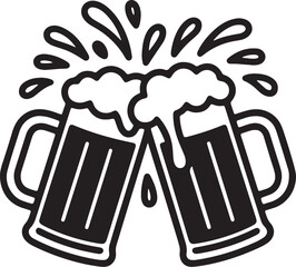 Cheers! Two Beer Glasses Colliding with Foam Burst &ndash; Monochrome Vector