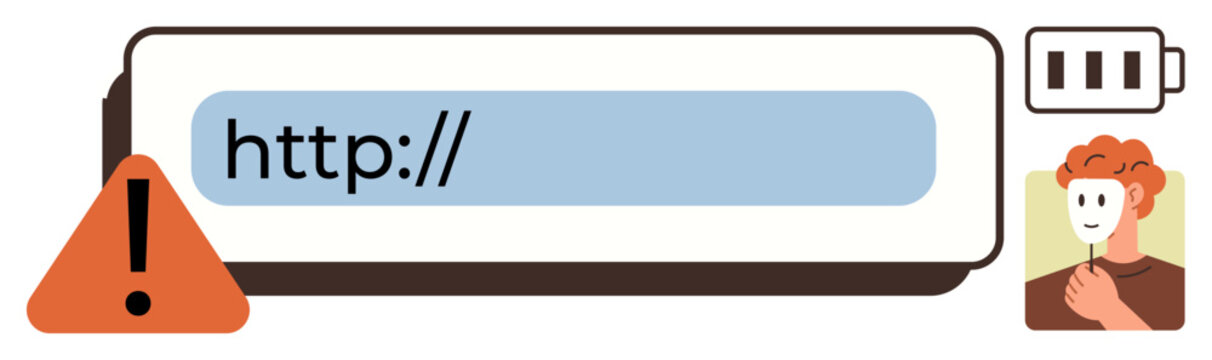 URL entry field with warning icon, low battery indicator, and user holding a mask. Ideal for cybersecurity, error handling, technology issues, online safety, alert systems, precaution simple flat
