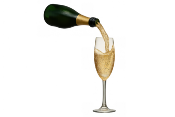 Champagne bottle pouring sparkling wine into glass flute, creating bubbles on transparent background