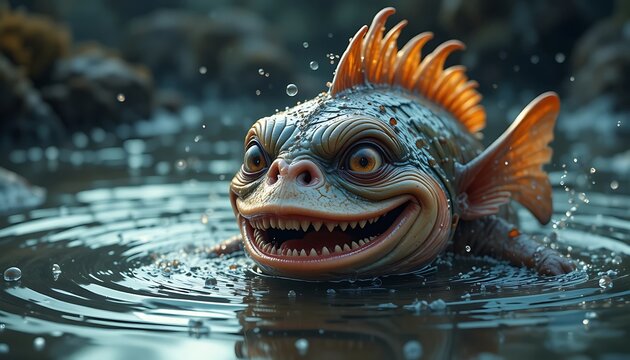 Smiling creature with fish features emerges from the water in a whimsical fantasy scene