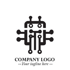 Circuit Robot Logo Symbol in Black on the White Background with Futuristic Tech Design
