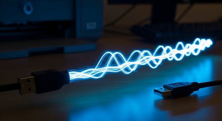 Illuminated USB cables transmit data as a vibrant blue, abstract energy wave