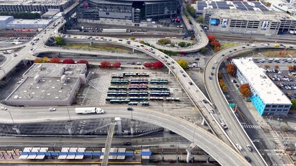 arge highway network and intersection at Seattle downtown, Car and Truck traffic driving in all directions