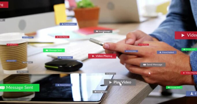 User tapping smartphone Play icon spawning UI tags multiplying around devices showing communication