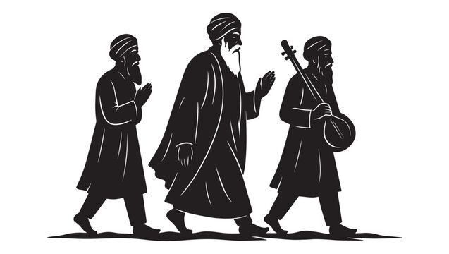 Guru Nanak Dev Ji Vector Silhouette &ndash; Sikh Guru Walking with Disciples, Black and White Spiritual Art