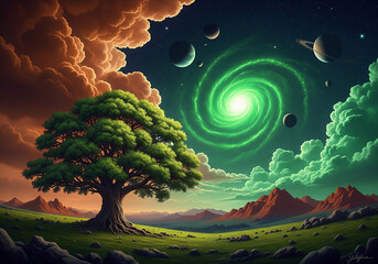 fantasy landscape with trees and moon