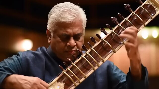 Man playing Indian sitar in concert.