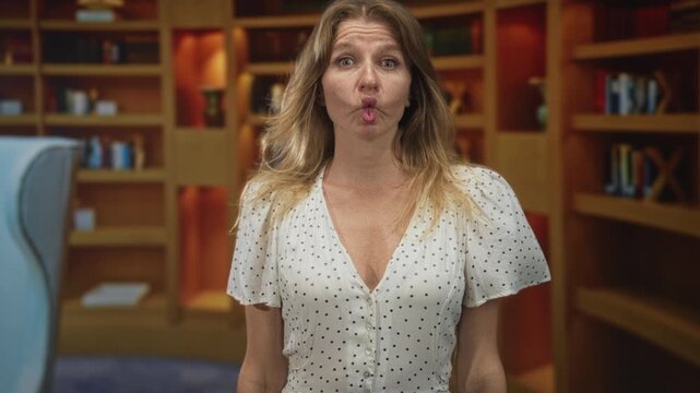 Woman puckers lips and makes a fish face gesture in a building library among bookshelves and armchair; playful curiosity.