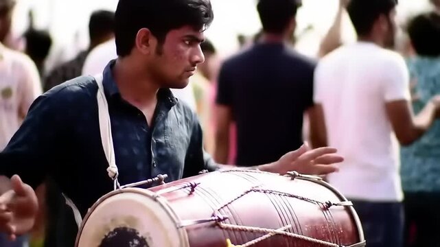 Man plays dhol drum in festival crowd.
