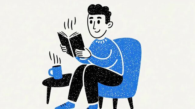 Everyday Blue Minimal Sticker Collection &ndash; Calm Lifestyle 3D Doodle Illustrations of Healthy Habits, Relaxed Young Man Running, Reading, Cooking, Yoga, and Working on Laptop in Blue Monochrome Palette