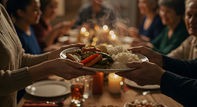 A person passing a plate of food to another person at a family dinner with candles on the table