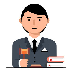 Cartoon man in gray suit holding a judge’s gavel beside two law books with red ribbons, symbolizing justice and legal authority on white background.