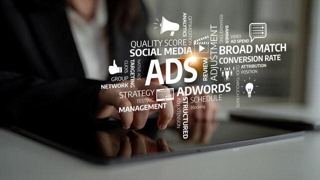 A focused exploration of key concepts in digital advertising strategy, featuring elements like social media, performance metrics, and effective business growth tactics. Tessel