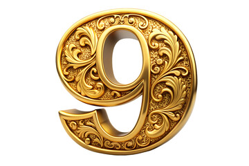 Ornate golden number 9 with decorative floral patterns