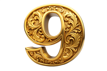 Ornate golden number 9 with decorative floral patterns