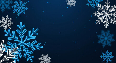 Glowing Neon Blue and White Snowflakes Falling on a Dark Winter Background, Modern Christmas and New Year Banner Template
