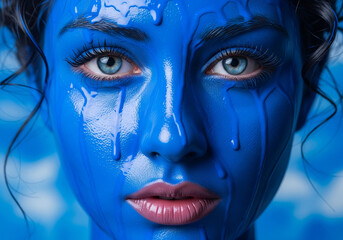 Close-up of a hyperrealistic woman with paint on her face