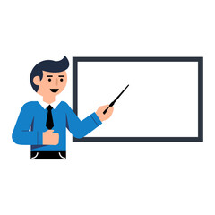 Cartoon man with black hair in blue shirt and tie giving a presentation, smiling while pointing at blank whiteboard with pointer in hand.