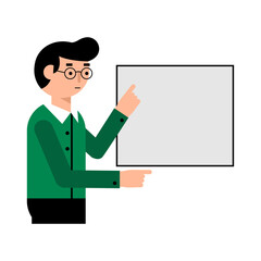 Cartoon man with black hair and glasses wearing green shirt pointing at blank gray board with both index fingers, showing top and bottom spots.