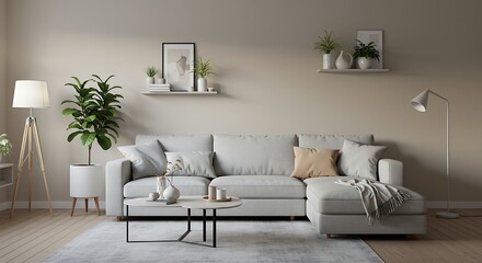 Modern Living Room Interior with Gray Sofa and Minimalist Decor.