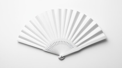 an elegant white paper fan unfolded on a pristine white surface evoking minimalist aesthetics and oriental artistry bringing a touch of serenity