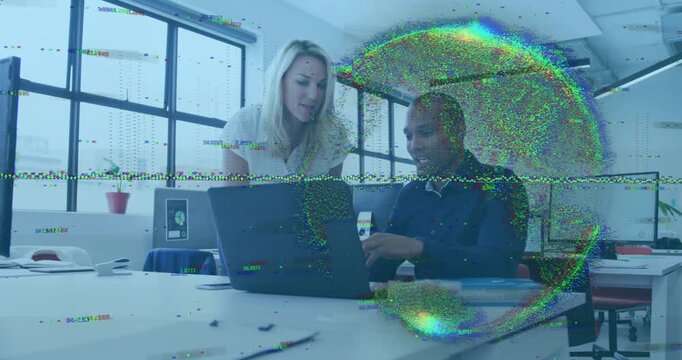 Man gesturing at laptop while woman leaning as animated flowchart appearing during design review