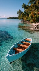 Obraz premium Small Traditional Light Blue Rowboat Anchored in Crystal Clear Turquoise Tropical Ocean Water on a Sunny Day With Lush Green Trees on the Shoreline