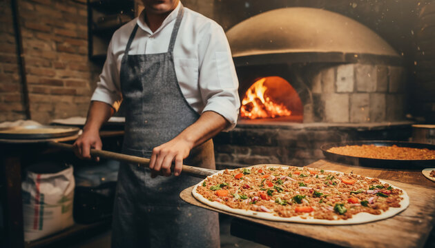 Chef baking a large turkish lahmacun or pizza in a traditional wood-fired oven inside a rustic pizzeria with warm lighting.