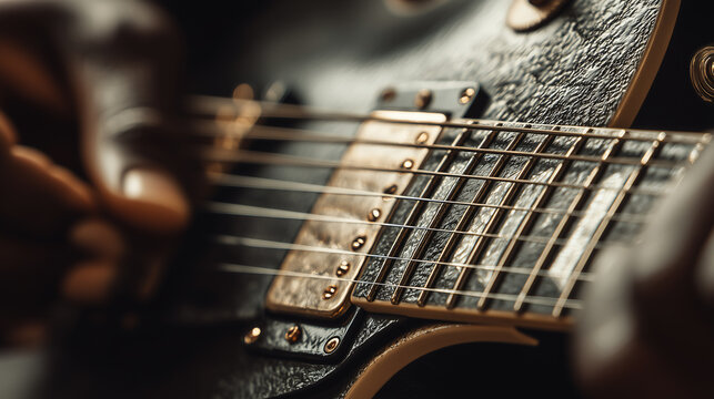 Close up of musician’s hand playing electric guitar strings creating soulful sound