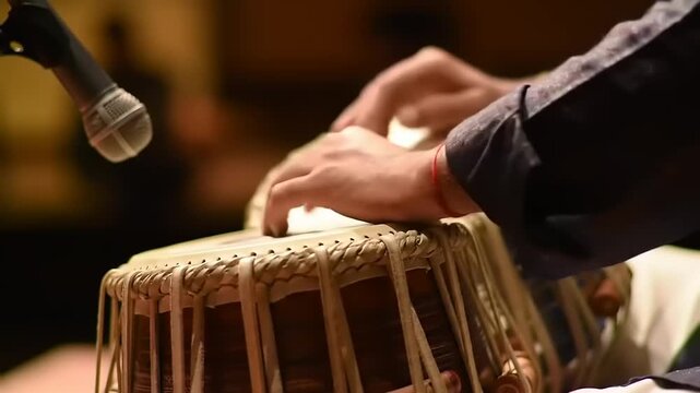Musician playing Tabla drums with closeup.