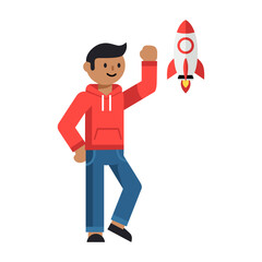 Cartoon man in red hoodie celebrating beside a small red and white rocket taking off with flames, on a clean white background.