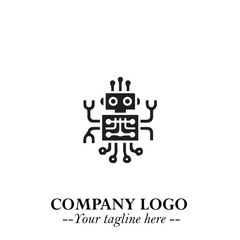 Circuit Robot Logo Symbol in Black on the White Background with Futuristic Tech Design
