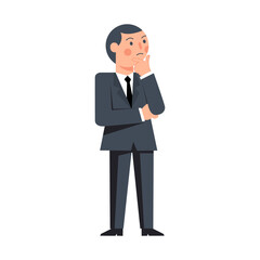 Illustration of a man in a dark suit and black tie standing in a thinking pose with hand on chin, looking upward thoughtfully.