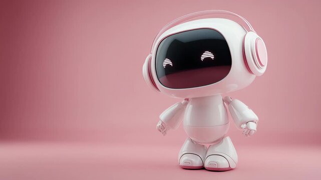 A cute pink robot mascot glossy android toy character kawaii style with gentle charm pastel background minimal design soft light loop animation 3d render smiling face futuristic toy cute kawaii pink