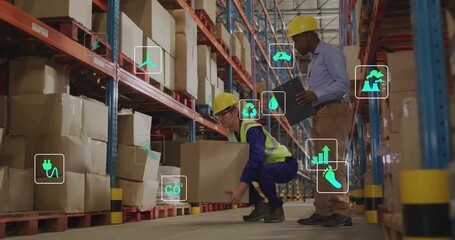 Green animated icons fading sparking warehouse worker lifting box, supervisor guiding placement - Powered by Adobe