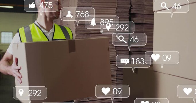 Warehouse worker entering warehouse, stacking boxes boosting engagement while social icons rising