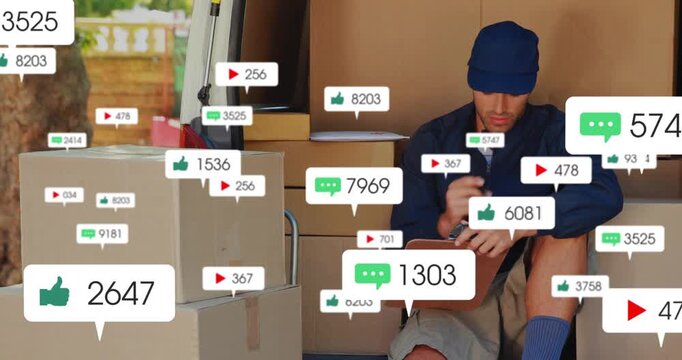 Delivery driver tracking engagement by labeling cargo, digital alerts popping as floating metrics